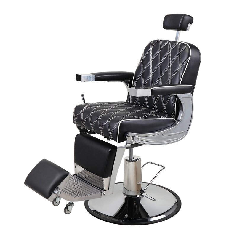 Reclining Barber Chair Hydraulic Salon Chair with Adjustable Headrest and Heavy Duty Base for Hair Cutting, Black+Silver XH