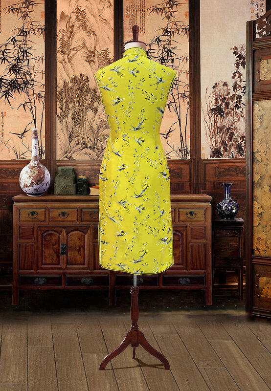 ノースリーブの黄色のレトロなドレス,スリムな気質,シック,中国風,日常使用
