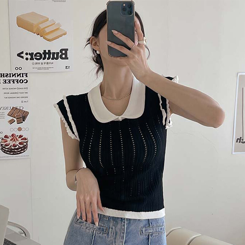 Pink Knit Tops Women 2023 Summer Sleeveless Turn-down Neck Y2k Pullovers Female Hollow Out Korean Fashion Sweater Ladies