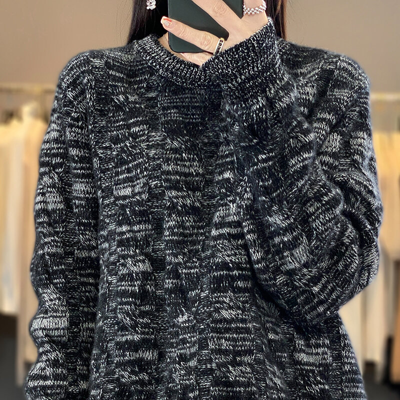 Suéter de punto puro para mujer, Top con cuello redondo, holgado, grueso, a la moda, otoño e invierno, 2024, novedad de 100%