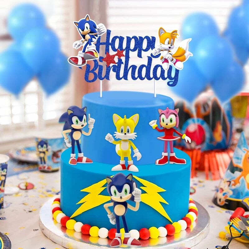 Suministros de fiesta de Sonic the Hedgehog para niños, vajilla de papel para fiesta de cumpleaños, adorno para pastel, decoración de cupcakes, decoraciones para fiesta de Baby Shower
