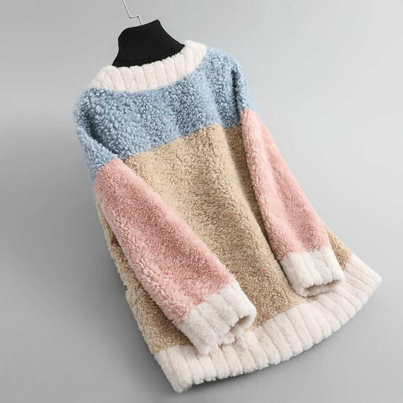 Casaco Leve de Ovelha Patchwork V-Neck, Integrado De Pele Artificial De Lã, Casaco Casual Fino, Moda, Outono, Inverno, 2023