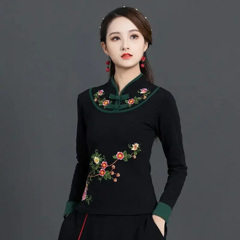 Spring Autumn New Embroidered T-shirt Women Chinese Style Retro Button Long Sleeve Cotton Stand Collar Top