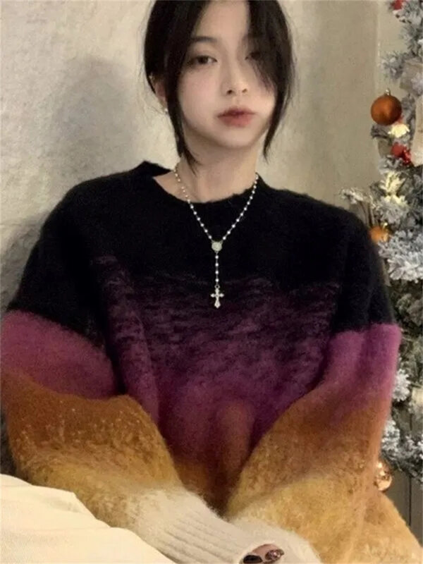 Suéter de Mohair con degradado de Color para mujer, Jersey grueso de longitud media, estilo perezoso japonés, otoño e invierno, 2024