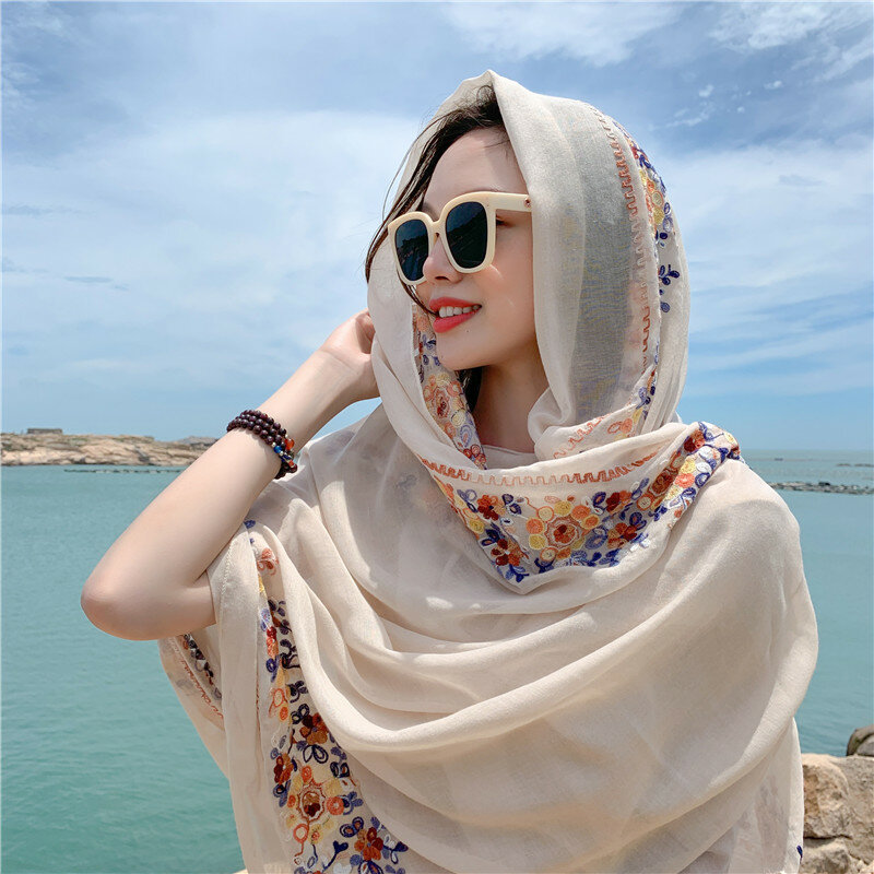 Bufanda de seda fina para mujer, chal de estilo étnico, protección solar de verano, viaje en el desierto, playa, vacaciones, planta, flor bordada