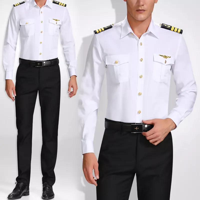 Uniforme branco marinheiro para homens, camisa da marinha masculina, traje de performance para piloto e marinheiro, camisas de aviação, marinheiro e marinheiro