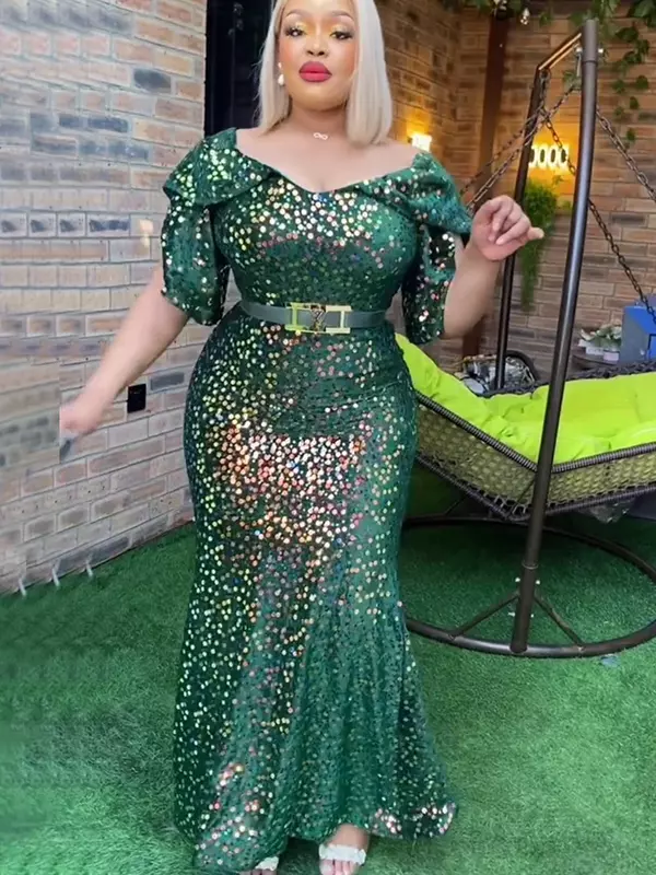 Elegant African Dresses for Women Plus Size Sequin Evening Party Long Dress 2024 New Africa Clothing