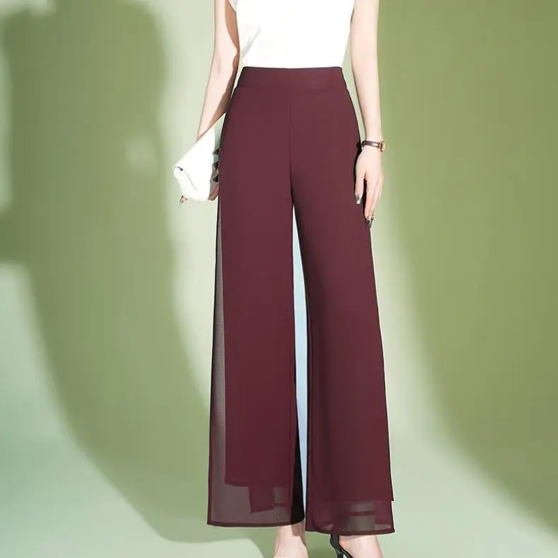 Pantalones de pierna ancha de gasa de doble capa para mujer, Pantalones rectos sueltos coreanos, cintura alta, elásticos, sólidos, botón, moda de verano