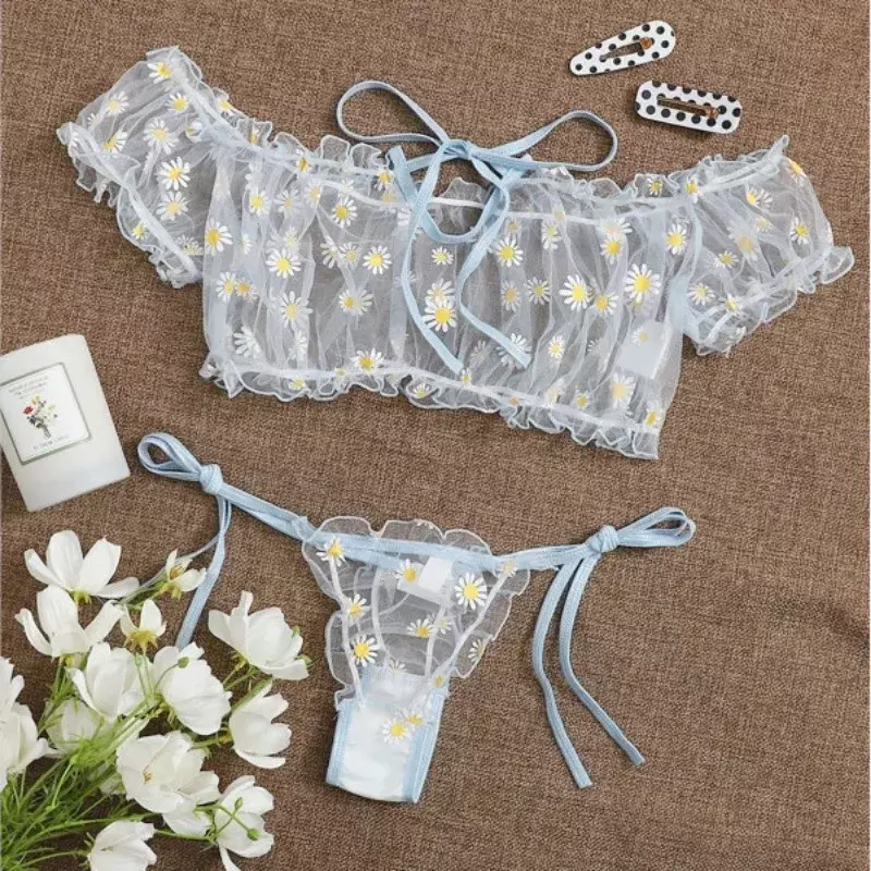 Sexy Women's Underwear Lace Floral Wire Free Lingerie Set Off-Shoulder Small Chest Bralette+Thong Beachwear Transparent Bra Set