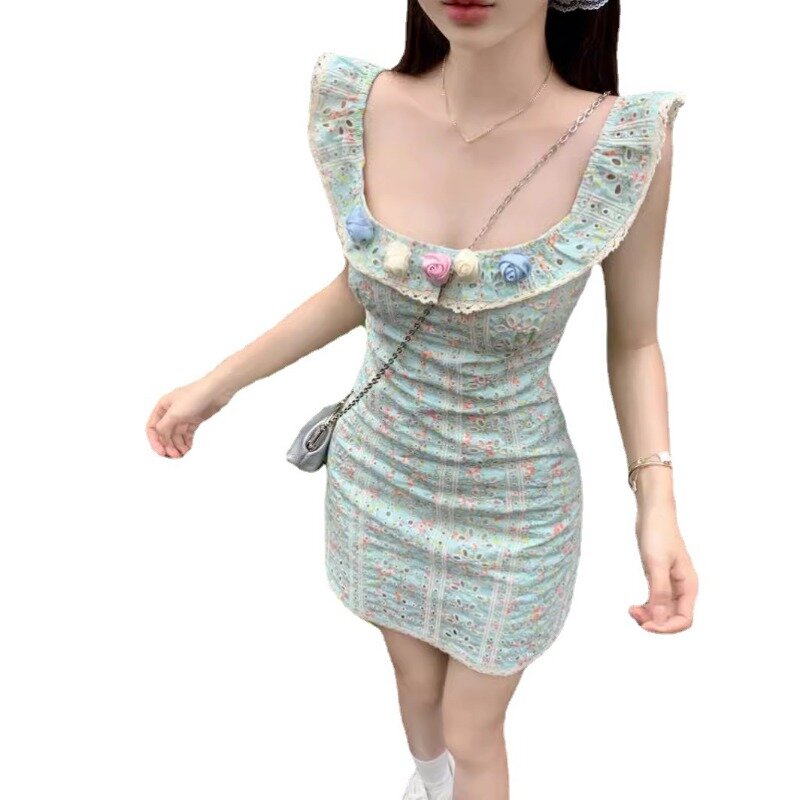 Gaun Mini kerah leher persegi gaun cetak bunga gaun pendek Lengan terbang pakaian seksi pesta klub wanita manis peri lembut