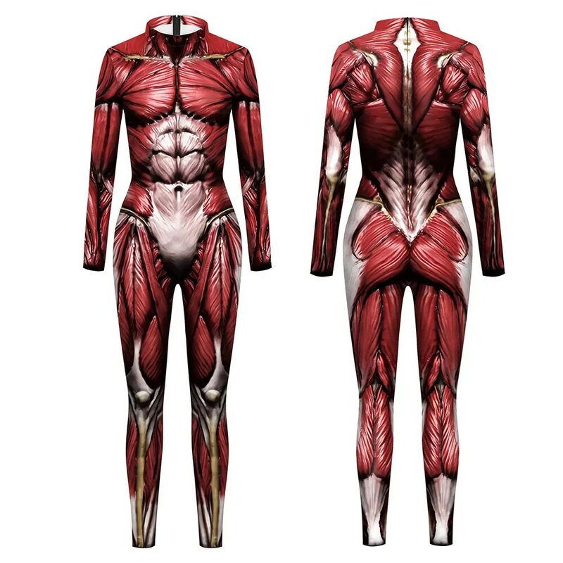 จั๊มสูทรัดรูปกล้ามเนื้อมนุษย์พิมพ์ลาย3D สำหรับผู้ชายผู้หญิงชุดคอสเพลย์แนวฮาโลวีนชุดเล่นตามบทบาท