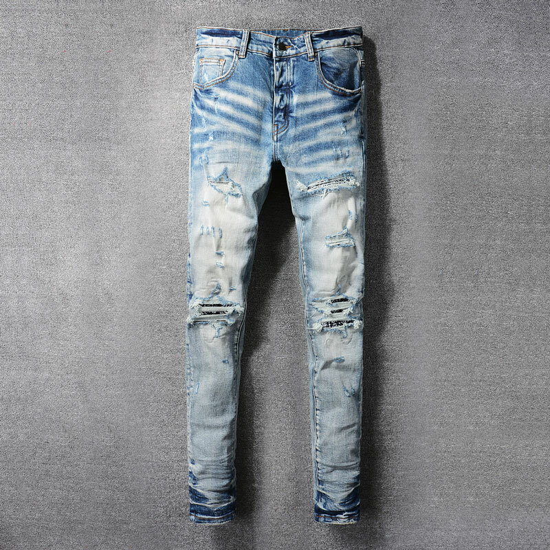 Homens Retro Azul Stretch Skinny Fit Rasgado Jeans, Calças Designer, Calças de Marca Hip Hop, Moda Streetwear, Alta Qualidade