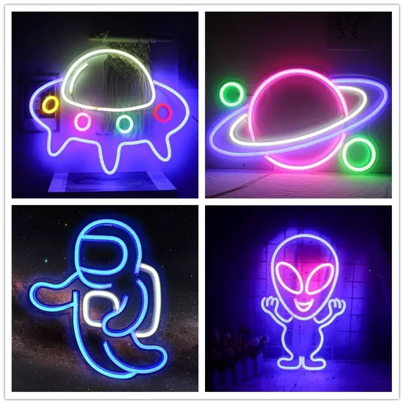 Alien Neon Light Sign, nave espacial, juego en forma de Planeta, lámpara de noche para niños, dormitorio, Navidad, Bar, fiesta, vacaciones, boda, arte, decoración del hogar
