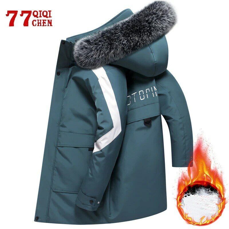 Parka de plumón de pato blanco para hombre, chaqueta cálida gruesa de-20 grados, abrigo informal con capucha, cuello de piel, rompevientos de longitud media
