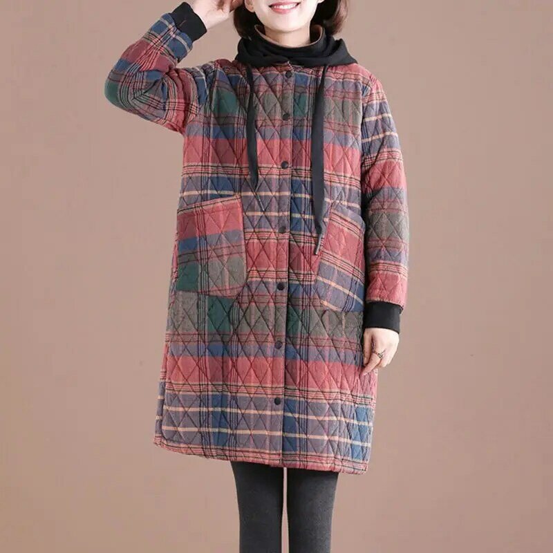 Winter Frauen Vintage Parkas Plaid Knopf Baumwolle Mäntel Kapuzen Taschen 2021 neue warme weibliche Kleidung koreanischen Stil Parkas Mäntel 2xl