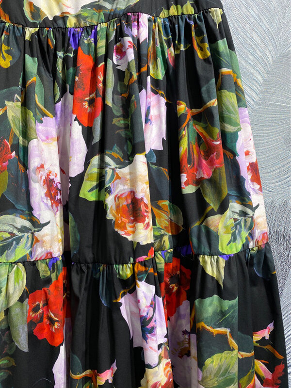 DLDENGHAN Spring Floral Print Sicily 100% Cotton Skirt Women High Waiste Floral Print Vintage Long Skirt Fashion Designer New