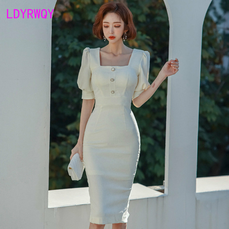 Vestido de verano de estilo coreano, prenda con cuello cuadrado, manga de burbuja, corte ajustado, abertura en la cadera, novedad de 2023