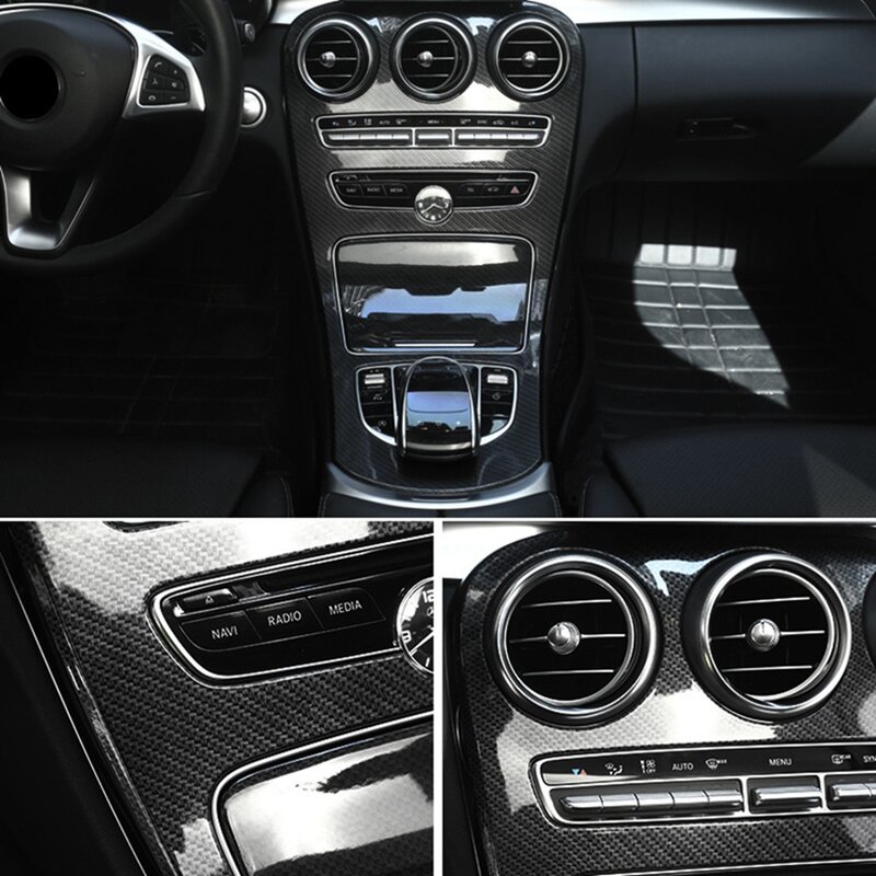 For Mercedes-Benz C-Class W205 GLC X253 Car Center Console Panel Decoration ABS Carbon Fiber Sticker (Without Clock)