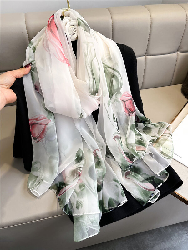 2022 sommer Seide Dünne Wraps Frauen Elegante Blumen Schal Schal Frühling Pashmina Strand Stolen Bufanda Weibliche Große Foulard Hijab