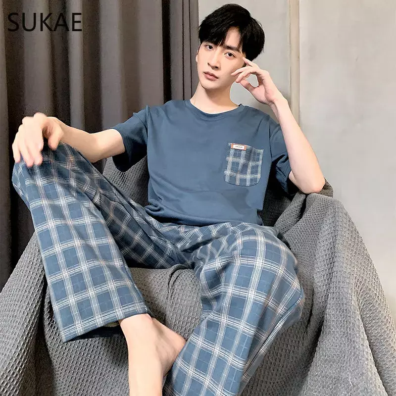 SUKAE L-4XL Coreano Estilo Minimalista Mens Pijama Set Algodão Verão Elegante Lazer Pijamas para Menino Homem Casual Homsuit Pijama