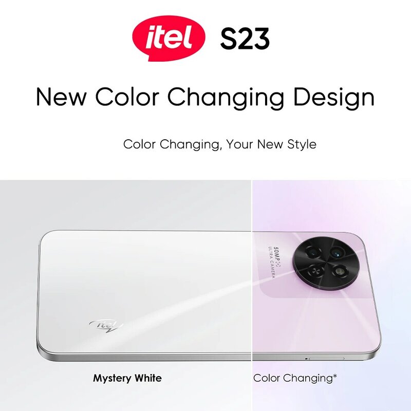 Itel ponsel pintar S23, HP desain Super jernih 50MP layar penuh 6.6 "HD +, baterai 5000mAh isi daya Cepat berubah warna