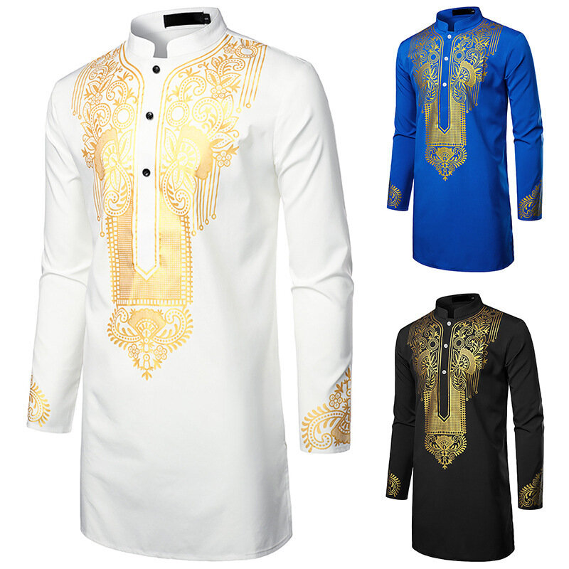 Camisa de comprimento médio com estampa étnica masculina, casaco muçulmano, roupas islâmicas, veste árabe Abaya, moda jovem, luxo, casual, Dubai, juventude, casaco