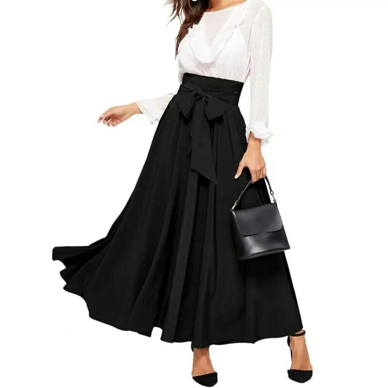 Women Maxi Skirt Lace-up High Waist A-line Big Swing Wide Band Pleated Ankle Length OL Commute Style Loose Skirt