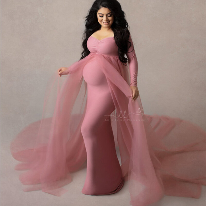 Properti Fotografi Gaun Panjang Kehamilan Tanpa Bahu Gaun Maxi Wanita Hamil Pakaian Mandi Bayi Gaun Hamil