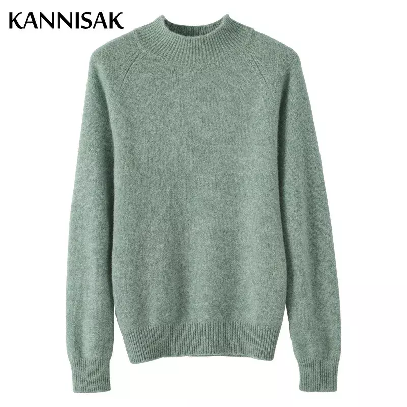 2023 Autumn Winter Thick Warm Sweater Women Half High Collar Cashmere Sweater Korean Solid Green Casual Basic Pullover Knitwear