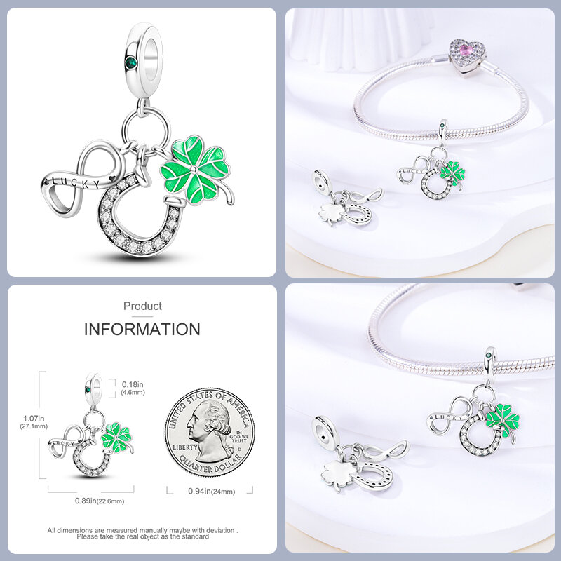 Lucky Four Leaf Clover Série 925 Sterling Silver Pendant Beads, Pulseira Pandora Original, DIY jóias, moda, adequado