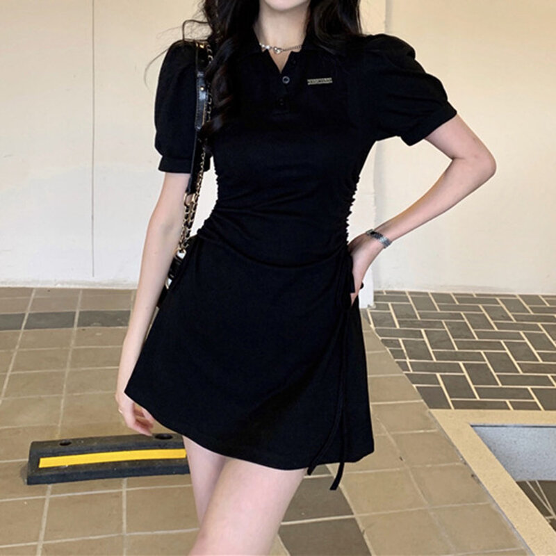 Wysokiej jakości Mini sukienka damska odzież codziennie słodka ściągany sznurkiem w pasie modna dziewczyna koreańska bufiaste rękawy lato
