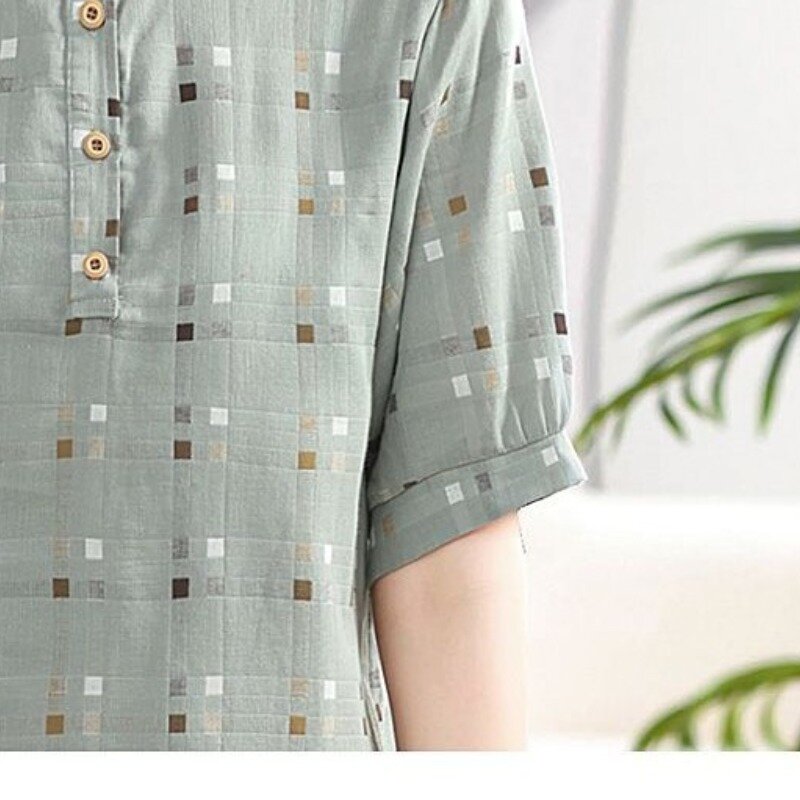Camiseta xadrez com gola redonda para mulheres, tops de manga curta, moda simples e solta, pulôver retrô pendular, verão, 2024
