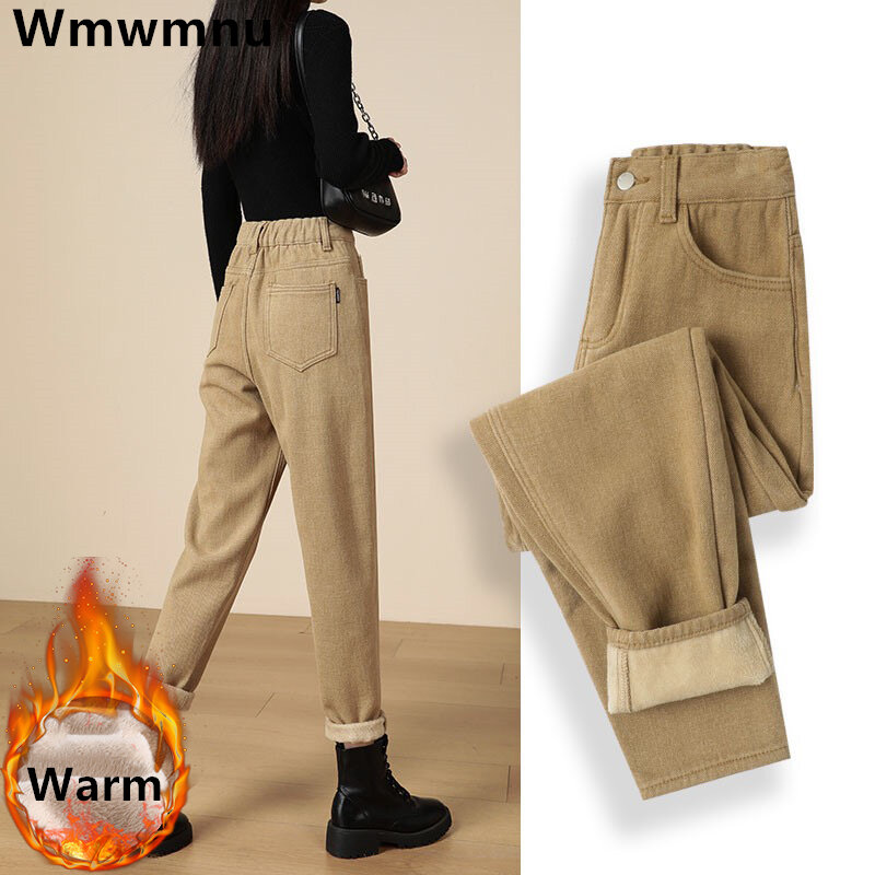 Winter Plush Baggy Ankle-length Jeans Velvet Lined High Waist Harem Denim Pants Vaqueros Pantalones Warm Thick Women Jeansy