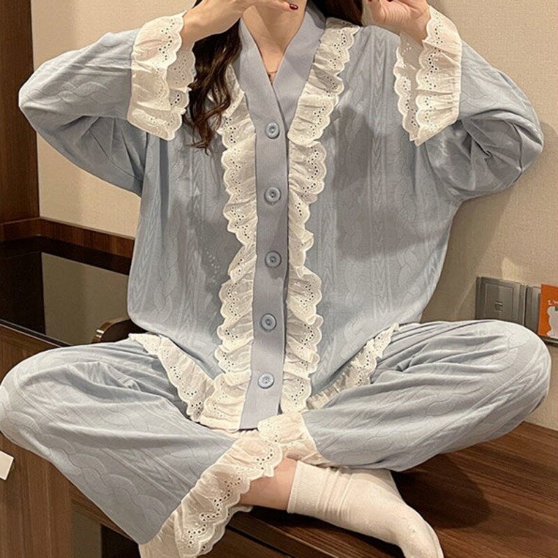 Zwangere Vrouwen Lente Herfst Pyjama Puur Katoen Groot Formaat Verstelbare Pyjama Tweedelige Set Effen Kleur Lacewerk Nachthemd