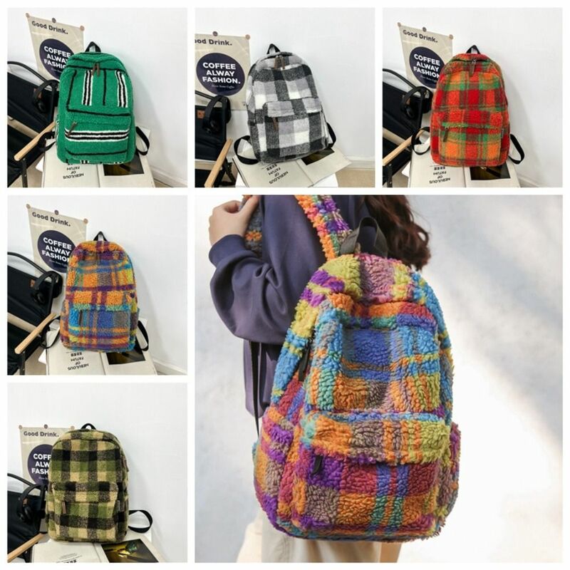Цветной клетчатый рюкзак в Корейском стиле, милый модный рюкзак на плечо большой вместимости с геометрическим рисунком из овечьей кожи в стиле преппи