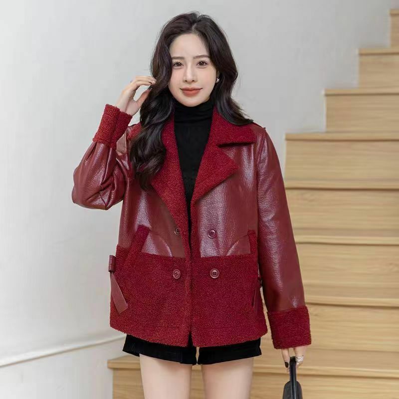 Женская куртка из искусственной кожи WYBLZ Корейская версия меховое пальто двойная одежда плюшевое пальто осень-зима свободные кожаные куртки большого размера для женщин