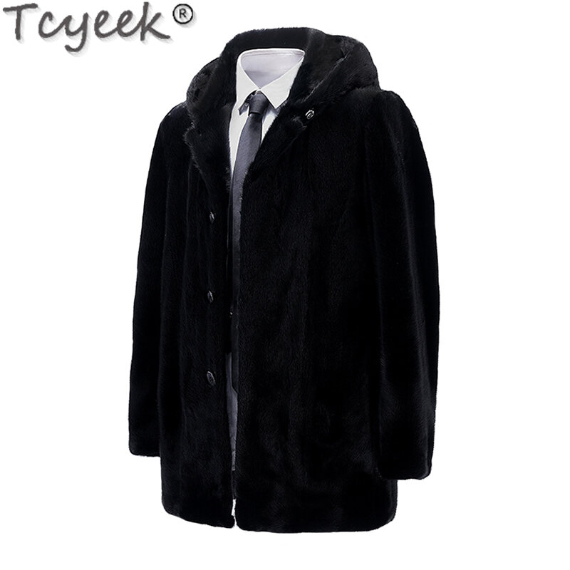 Tcyeek-Casaco de pele de vison natural quente masculino, jaqueta masculina, pele real, roupas de inverno, com capuz, 9XL, 2023