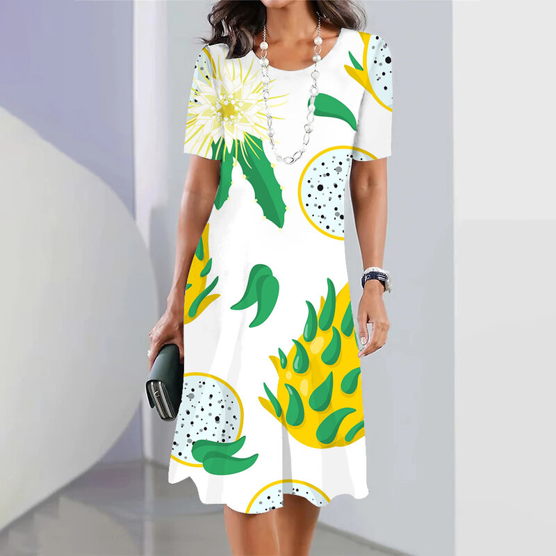 Женское длинное платье с принтом клубники, летнее модное пляжное платье макси в гавайском стиле с короткими рукавами, женская одежда