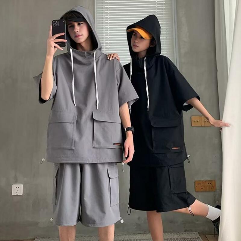 Sportswear Set Hooded T-shirt Drawstring Shorts Set for Unisex Solid Color Loose Fit Outfit with Wide Leg Shorts Elastic
