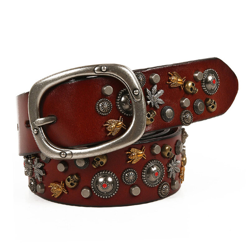 CUKUP 2023 New Little Bee Rivet Top Quality Pure Cow Genuine Leather Women's Belt Personalized Layer Cowhide Belts for Unisex