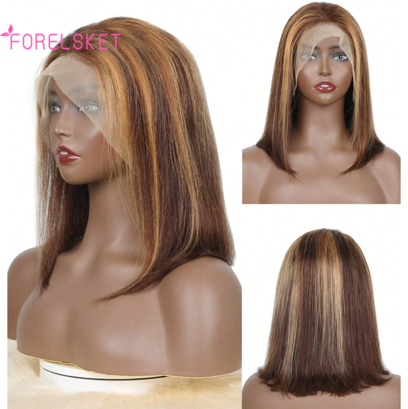 Perruque Bob Lace Front Wig naturelle brésilienne Remy lisse à reflets, orange blond, 13x4, P4/27, densité 150%