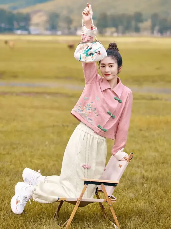 Tradycyjna chińska odzież haft modny zestaw damski płaszcz Top spodnie dwuczęściowy zestaw wiosenno-jesienny nowoczesny Student