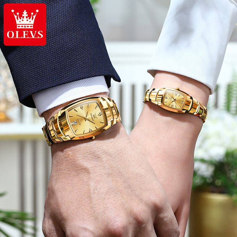 Jam Tangan pasangan ของ OLEVS สำหรับผู้ชายและผู้หญิงหรูหรานาฬิกาข้อมือเหล็กทังสเตนสีทองกันน้ำวันที่ Jam Tangan pasangan relojes de Pareja