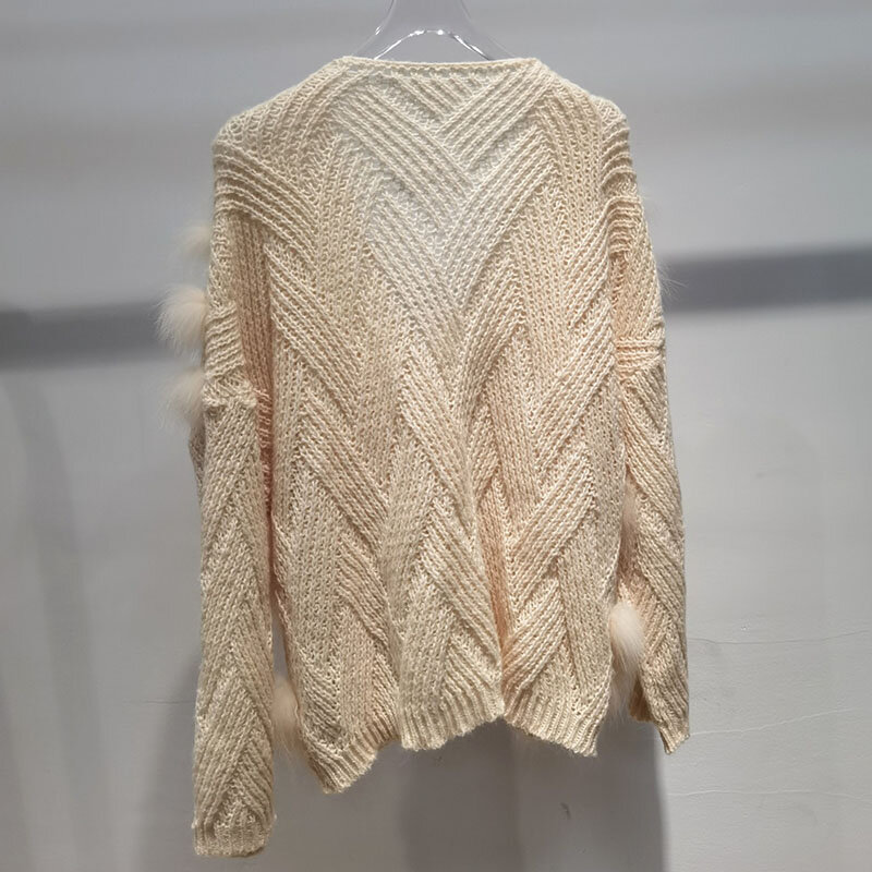 Kardigan rajut bulu rubah asli longgar wanita, mantel Sweater kasual potongan asli bulu jahitan terbuka dengan kancing pakaian luar