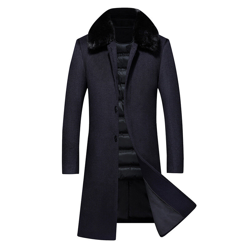 Jaket bulu hangat kerah pria, mantel bisnis kasual modis tampan musim dingin pria tebal ramping mantel panjang setengah