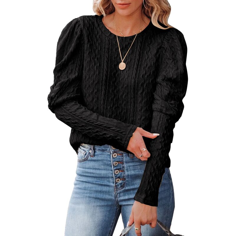 Sweater rajut wanita, atasan kasual mode lengan panjang leher bulat Jacquard warna Solid baru musim gugur dan musim dingin