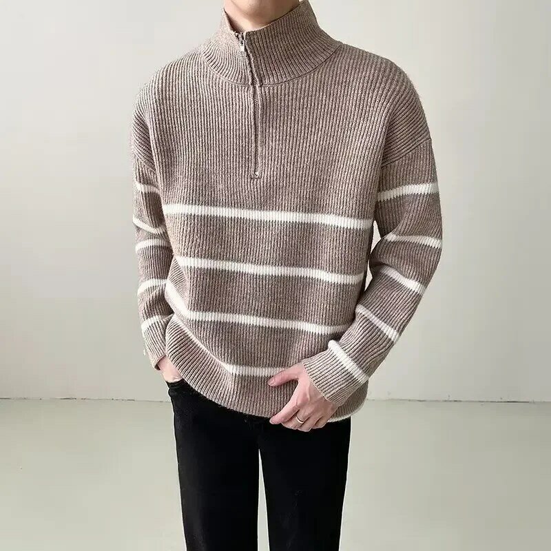 Осень 2023, мужские роскошные вязаные пуловеры в стиле пэчворк, свитер, Корейская водолазка на молнии, с длинным рукавом, свободная стильная текстура