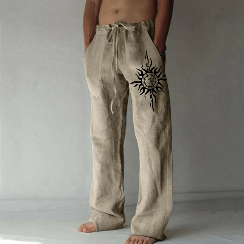Calça casual solta masculina, comprimento total, de linho macio, bolso de cintura média, calça com cordão, streetwear verão