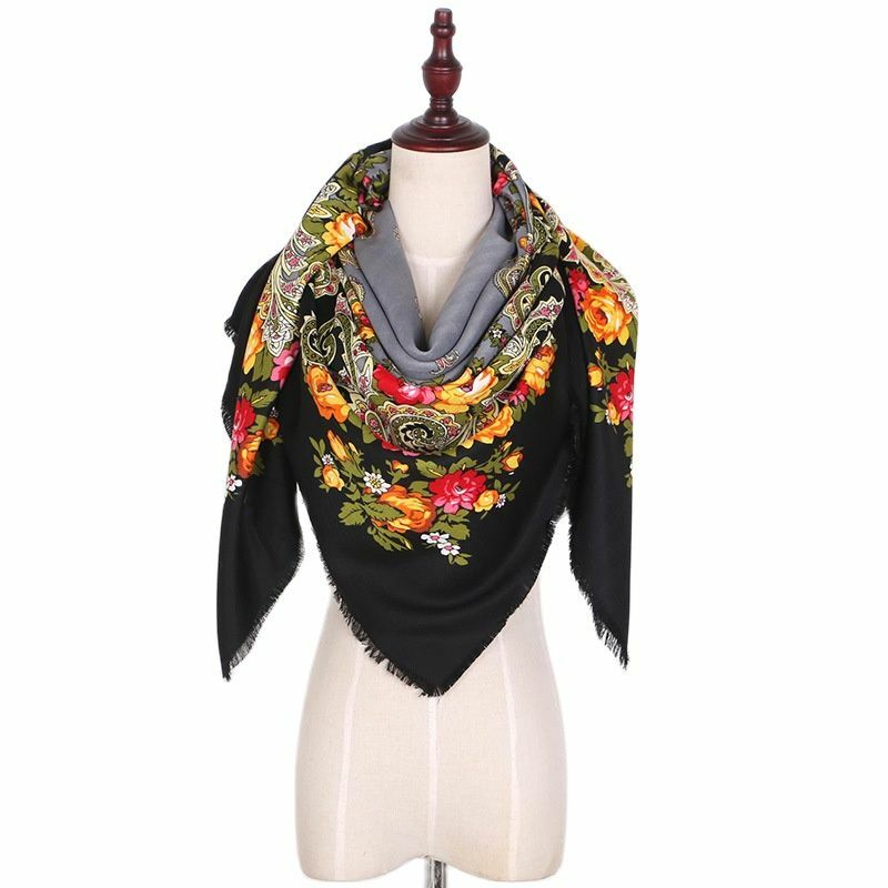 Retro Russian Luxury Twin Cotton Scarf Big Size Square Shawls Printed Floral Head Wraps Ethnic Style Fringed Hijabs Bandana Veil