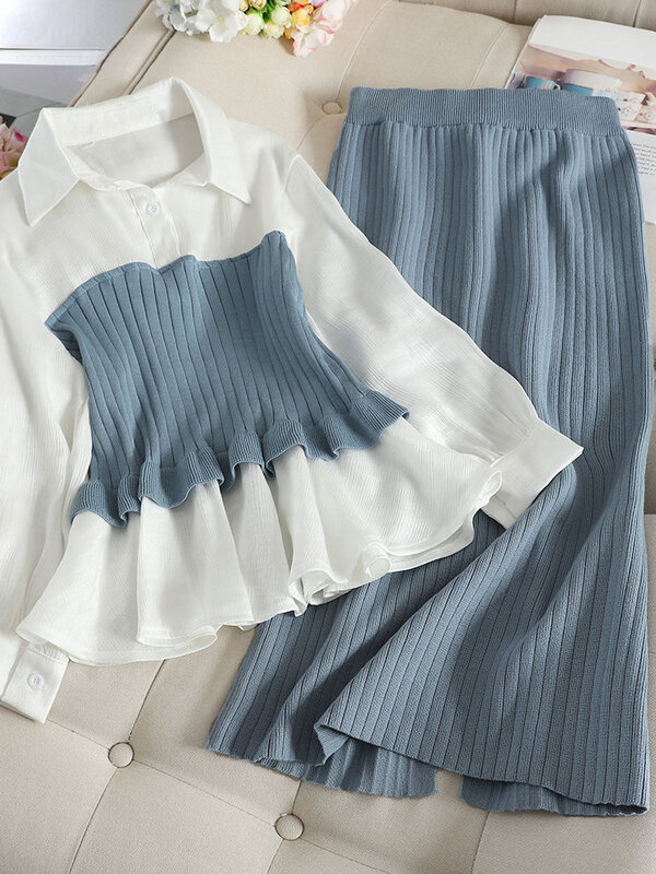 Conjunto de dos piezas de falda de lana envuelta en glúteos para mujer, camisa de punto cosida plisada de estilo Popular coreano, traje de falda elegante para mujer N446
